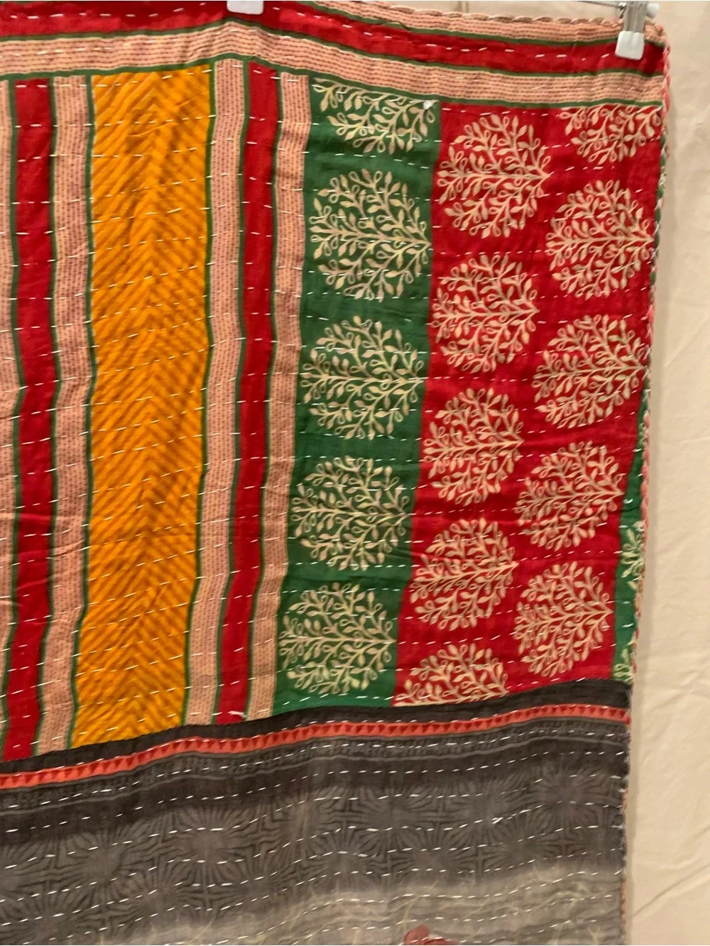 Handmade Kantha Quilt Twin Size Recycled Sari Cotton Mustard Red Green Grey